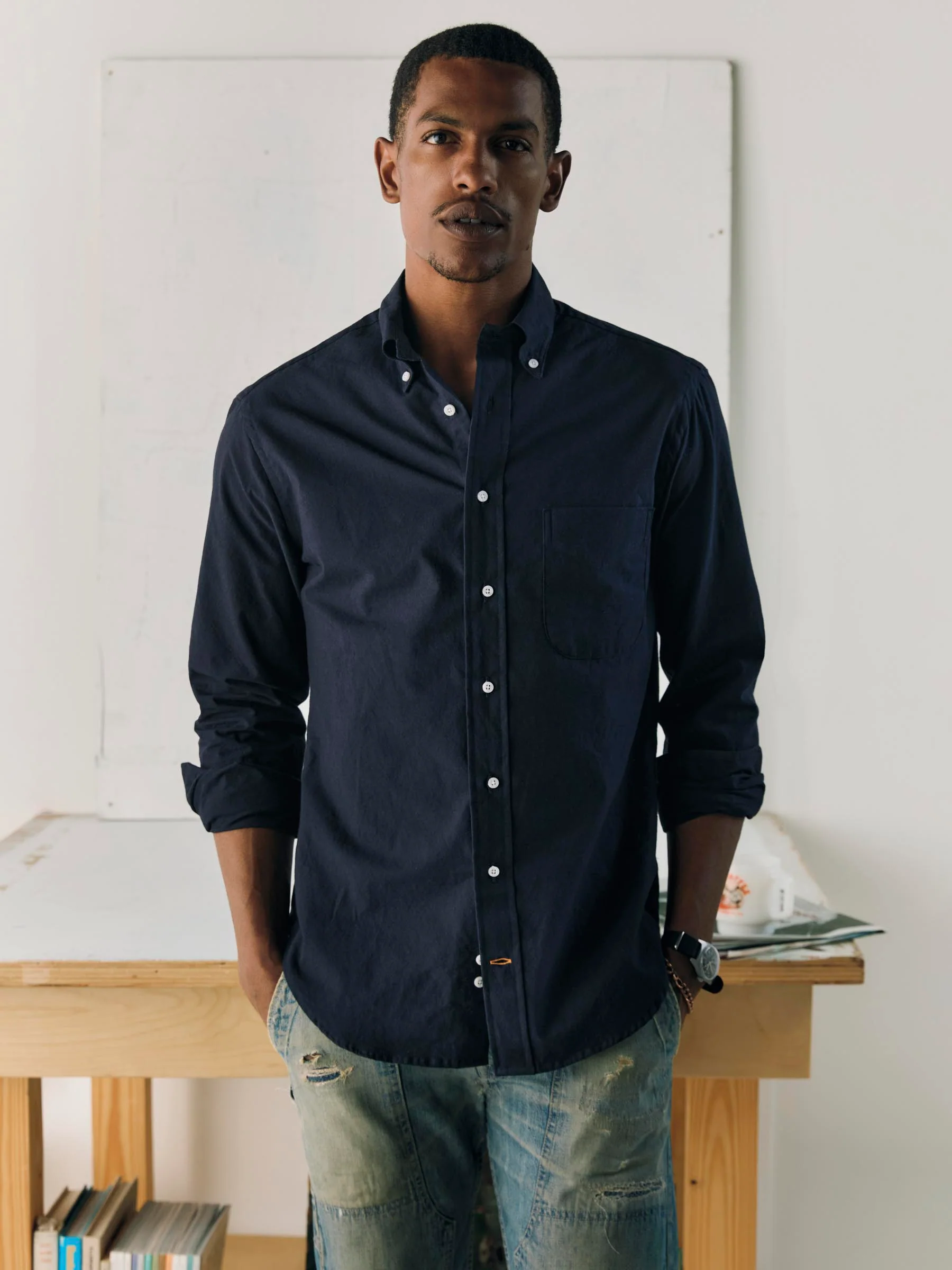 i+w x Gitman Vintage navy oxford
